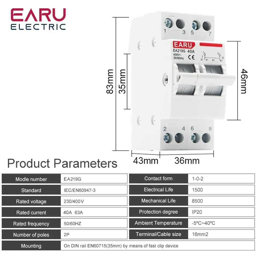 2P 40A 63A AC 230V 400V MTS Dual Power Manual Transfer Interlock Circuit Breaker Din Rail Isolating Discounnecting Switch