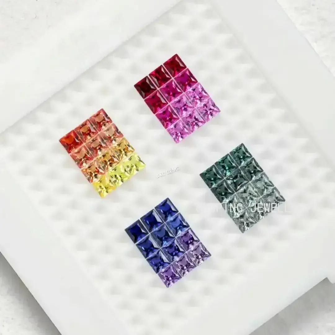 Multicolor Lab Created Loose Gemstone 2x2mm,2.5x2.5mm,3x3mm SQ Princess Cut Synthetic Ruby Rainbow Sapphire Stone Wax Setting