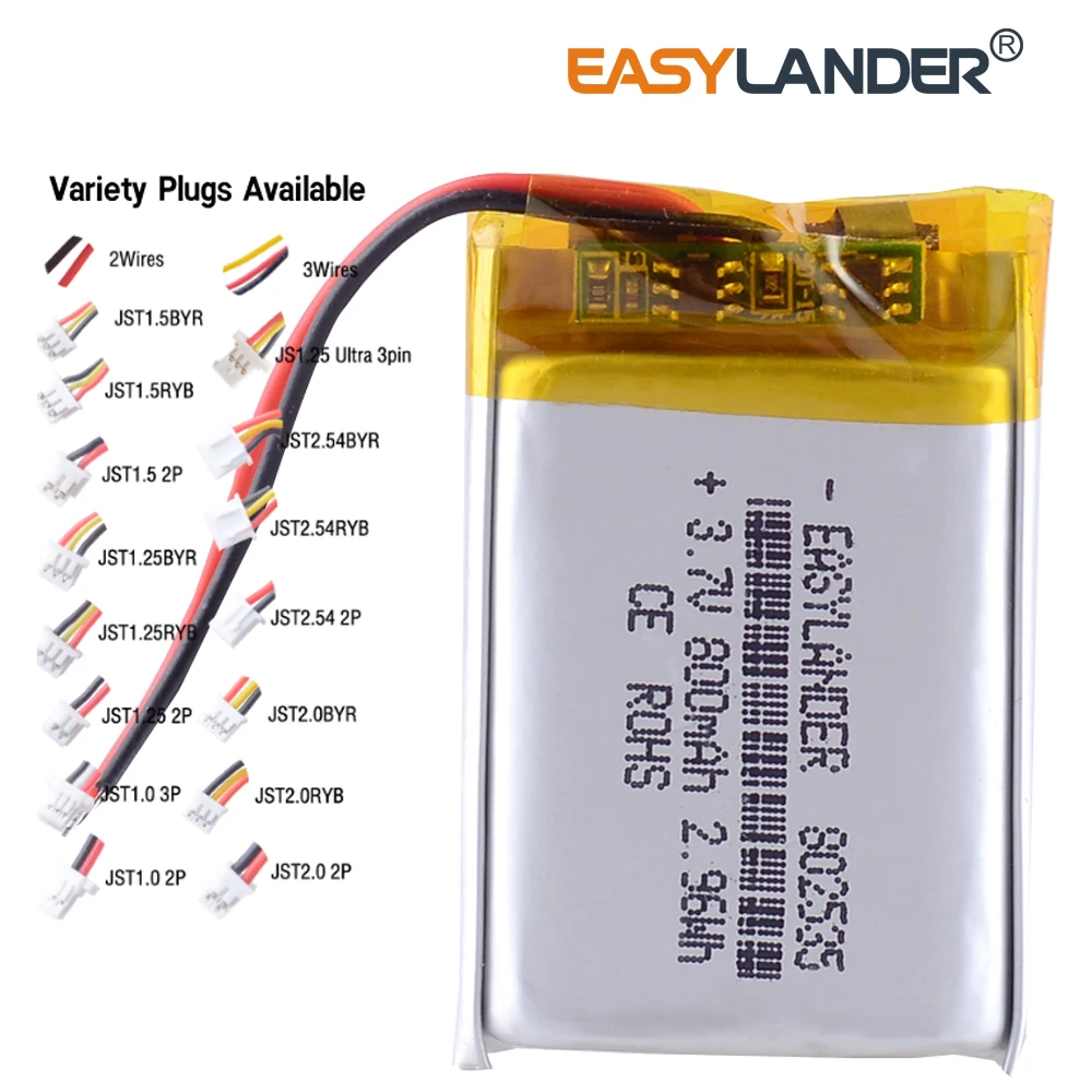 JST2.54 2P JST1.25UT 802535 3.7V 800mAh Rechargeable Lithium Lipo Li-ion Polymer Battery