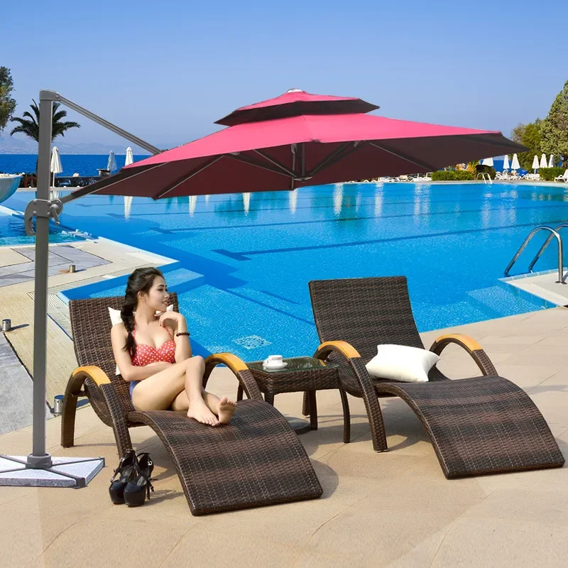Curved Backyard Beach Pool Rattan Sunbathing Outdoor Loungers