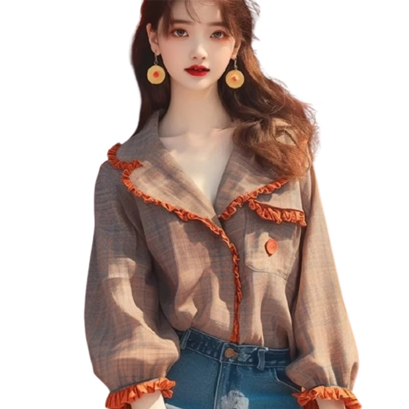 Vintage Women\'s Blouses Spring/Summer New Plaid Loose Fit Tops Long Sleeves Korean Clothing Sales Patchwork Women Shirts