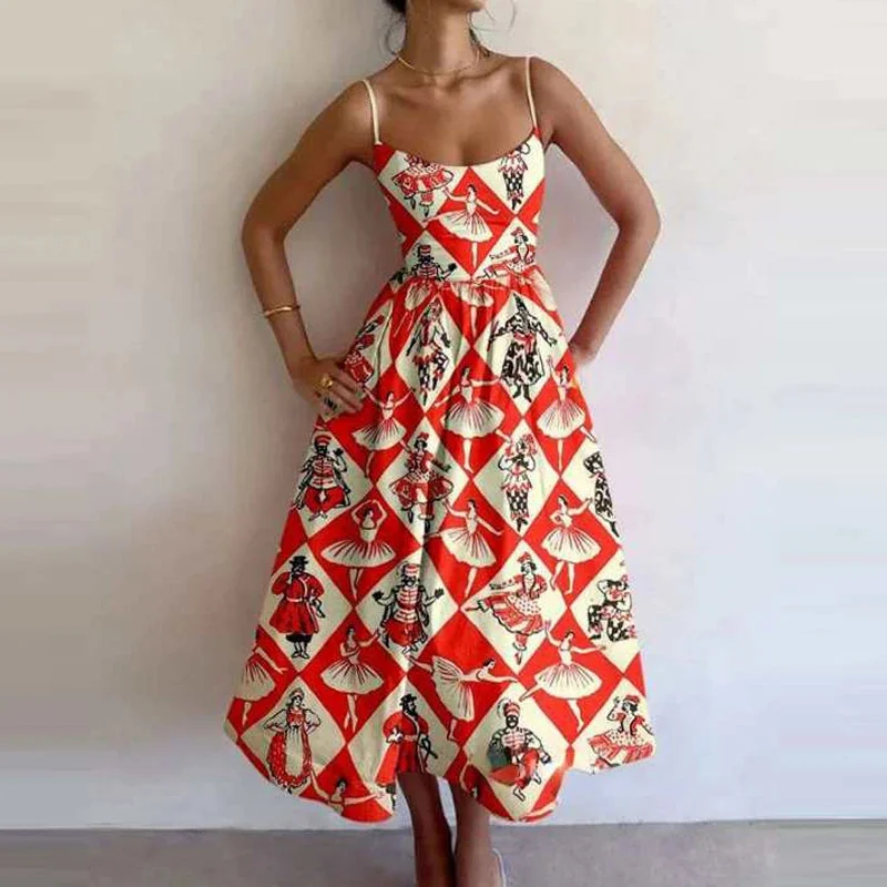 Retro Luxury Sardines Dress For Women Sexy Hand-Painted Printed Elegant Vest Summer 2025 Ladies Tight Chic Strap Long Dress