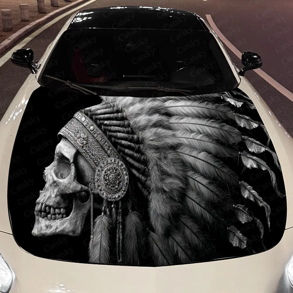 Native Skull Auto Cover Sticker, Waterproof and Self-adhesive Auto Hood Decal, Auto Vinyl Wraps, Cool Car Exterior Decal, Holida