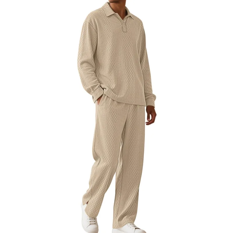 Fashionable Solid Color Jacquard Texture Casual Lapel Pullover Long-sleeved Trousers Sports Men's POLO All-match Suit