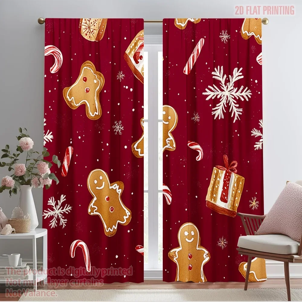 2pcs,2D plane printing Pattern Curtains Christmas Cookies Snowflakes Candy (2) Versatile Fabric (without rod) Versatile All