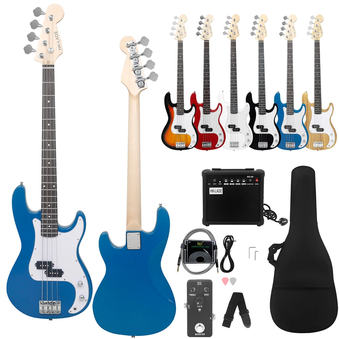 Blue HK-LADE Electric Bass Set Rosewood Electric Bass Guitar Set with Amplifier Bag Strap Picks 3M connection line Accessories