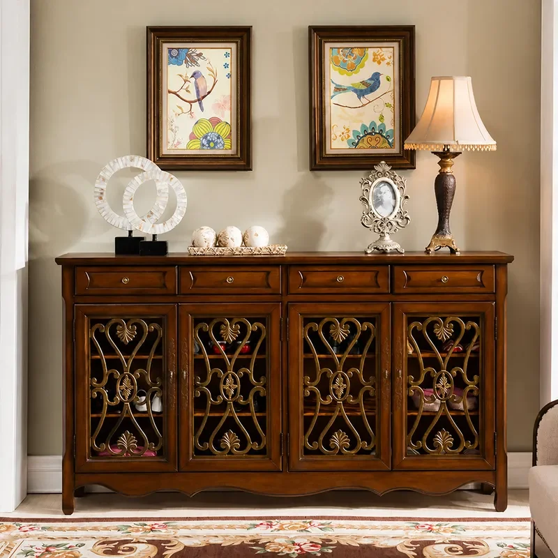 Solid Wood Entrance Shoe Cabinet Four Door Large Capacity Storage Unit with Hollow Design and Internal Partitions Walnut