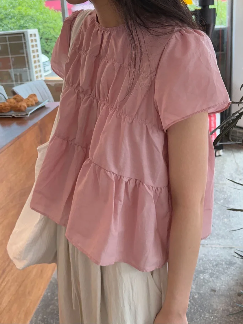 

Sweet Anti-Aging Pleated Loose Sve irt Women's Summer New Sle Splicing Layering Sense Gathered Bubble Sve Top
