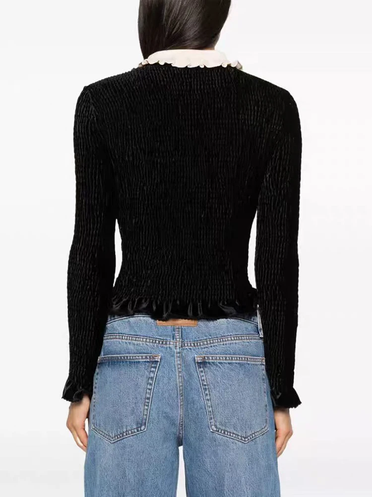 

2025 Early Spring New Fashion Pleated Velvet Shirt Women Elegant Ruffled Collar Splice Elastic slim Long Sleeve Blouse Ladies