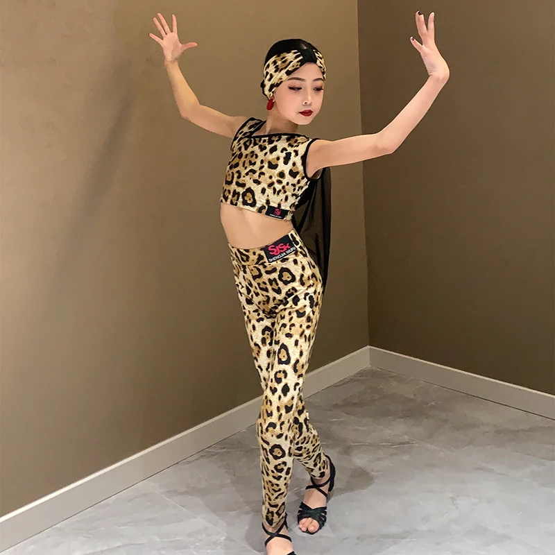 2023 Latin Dance Performance Costumes Leopard Tops Latin Pants Suit Practice Clothes Chacha Rumba Latin Dance Clothes DN15802