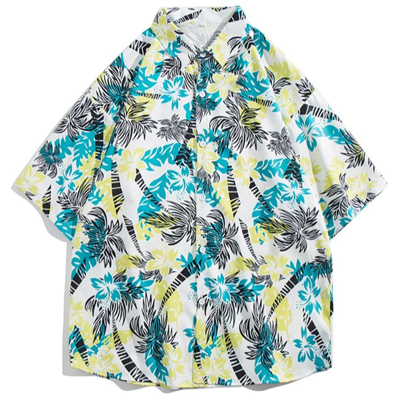 

2025 Summer Daily Men Flower Shirt Hawaiian Cartoon Print Street Fashion Casual Loose Shirts Short Sleeve New Beach Loose Tops
