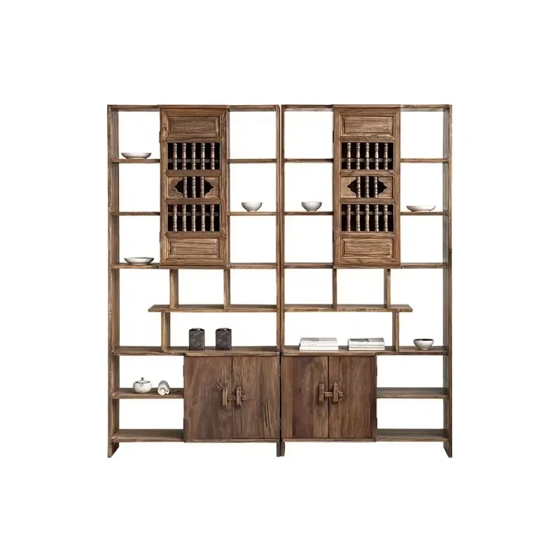 Solid Wood Antique Rack Retro Carved Hollow Door Tea Display Cabinet Eco Friendly Hotel Storage Shelf Furniture