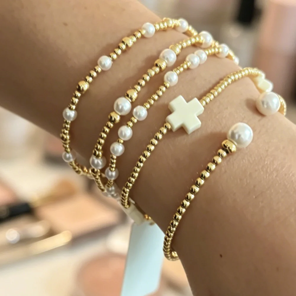

VKVVA Gold Filled Beaded Stretch Bracelet 5pcs Set,Minimalist Dainty Stackable Cross & Pearl Charm for Women Gift Daily Wear
