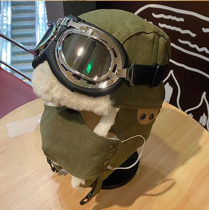 Men's and Women's Fashion Pilot Hat Winter Thickened Warm Ear Muffs Cycling Skiing Cold Mask Cotton Cap Glasses Thunderbolt Hat