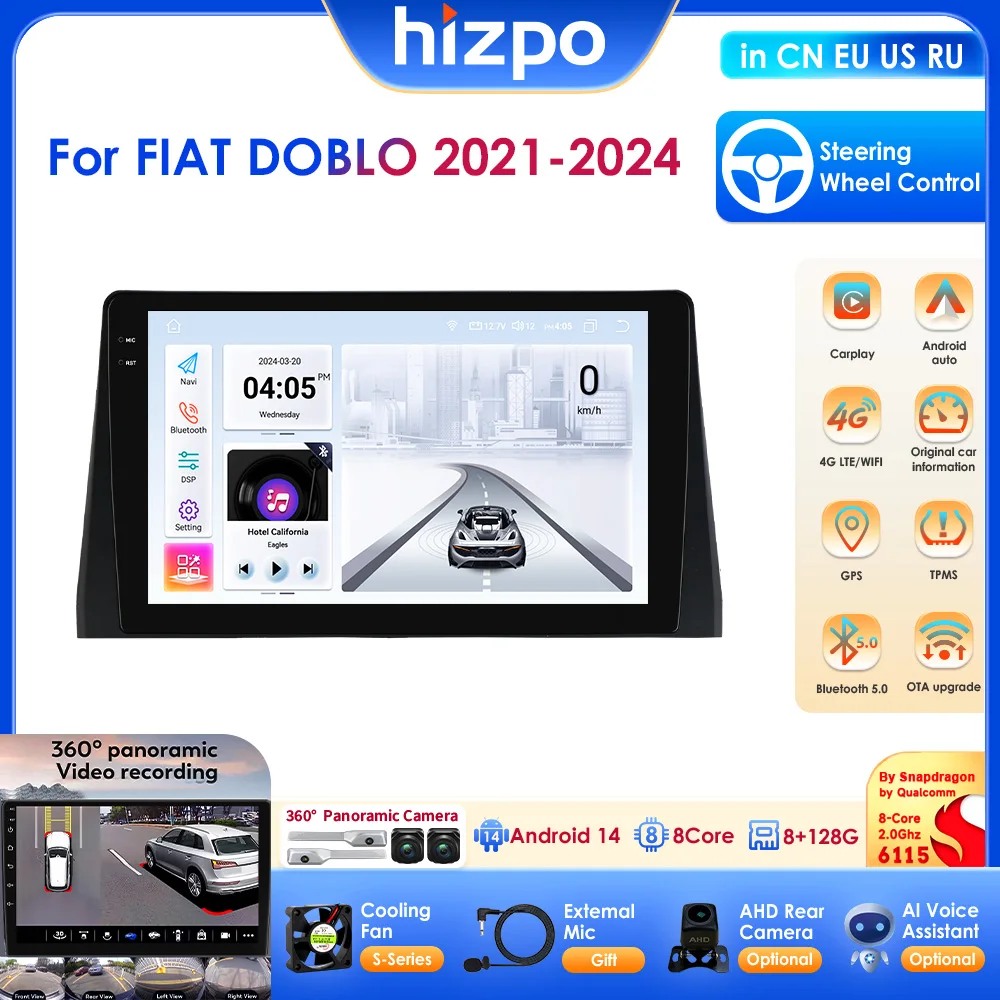 HIZPO Android 14 Carplay Autoradio For FIAT DOBLO 2021-2024 GPS Multimedia Video Player 4G WiFi Navigation 360Camera OBD DAB SWC