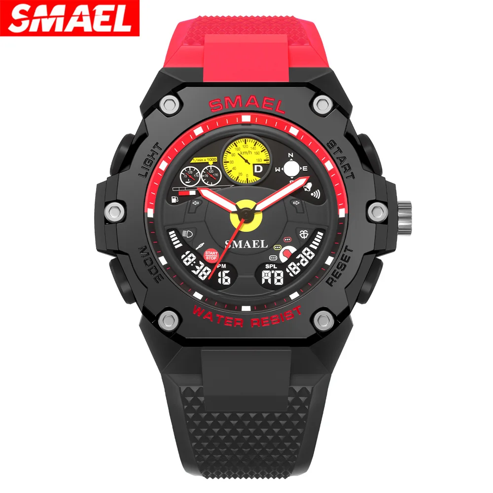 SMAEL 8092 Original Sport Big Quartz Watches Shock LED Display Resistant 50M Waterproof Week Alarm Clock Analog Digitals Hands