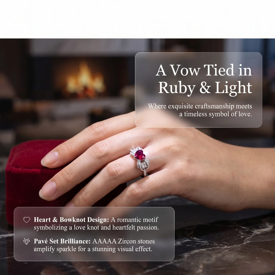 925 Sterling Silver, fashion light luxury style ring for women with butterfly elements and inlaid heart-shaped ruby
