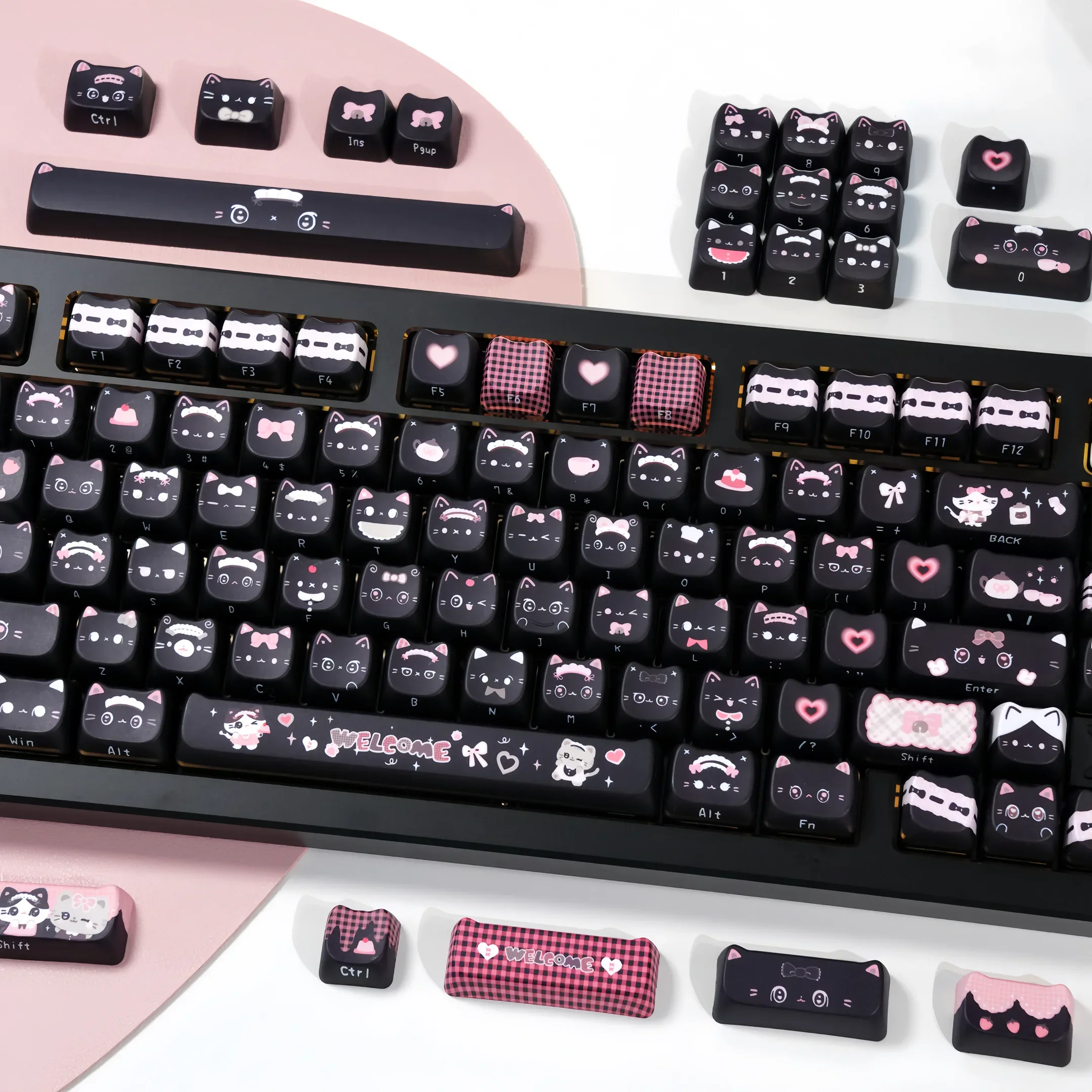 Custom Black Cat Keycaps 140 Keys Cute PBT MAO Square Thermal Sublimation 2.25U 2.75U for Alice Mechanical Keyboard Gift