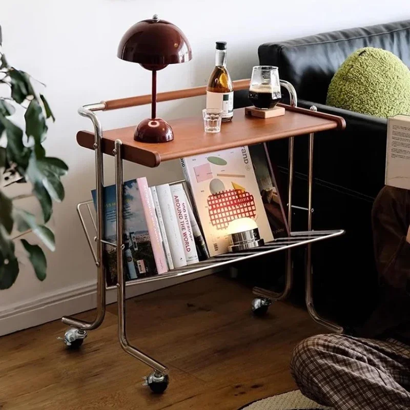 

Retro Wooden Rolling Cart Sofa Side Table Movable Nightstand Storage Rack for Snacks Stainless Steel