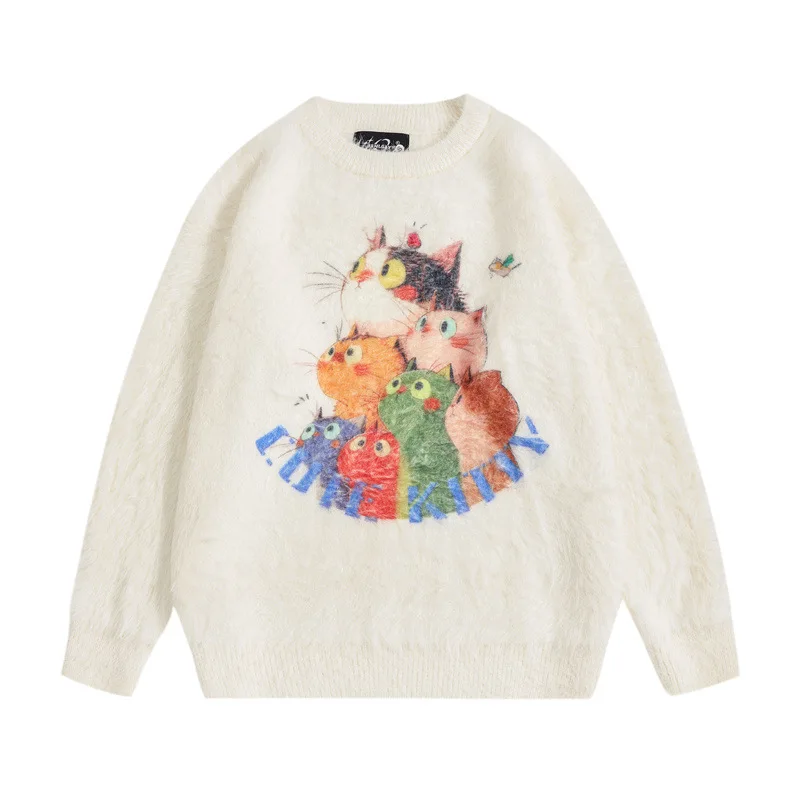 

American cartoon cat round neck pullover sweater women's autumn and winter new plus size loose cartoon high sense sweater