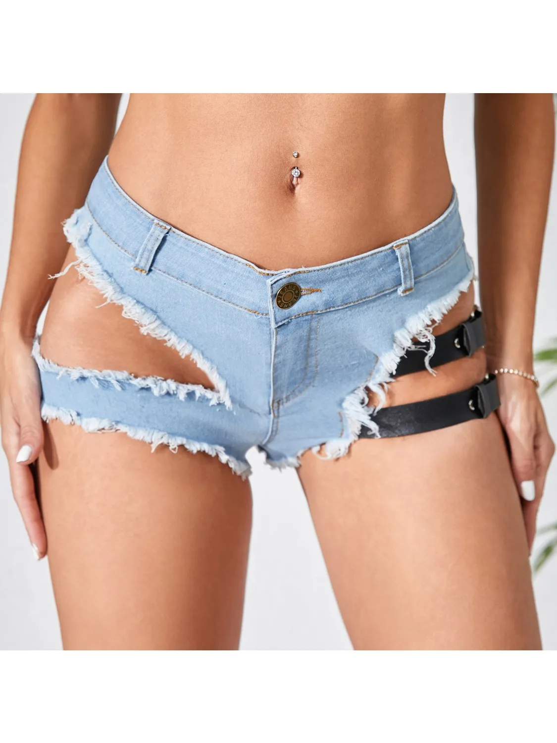 새로운 하늘색 여성의 낮은 허리 탄성 섹시 속이 빈 찢어진 청바지 데님 반바지 벨트