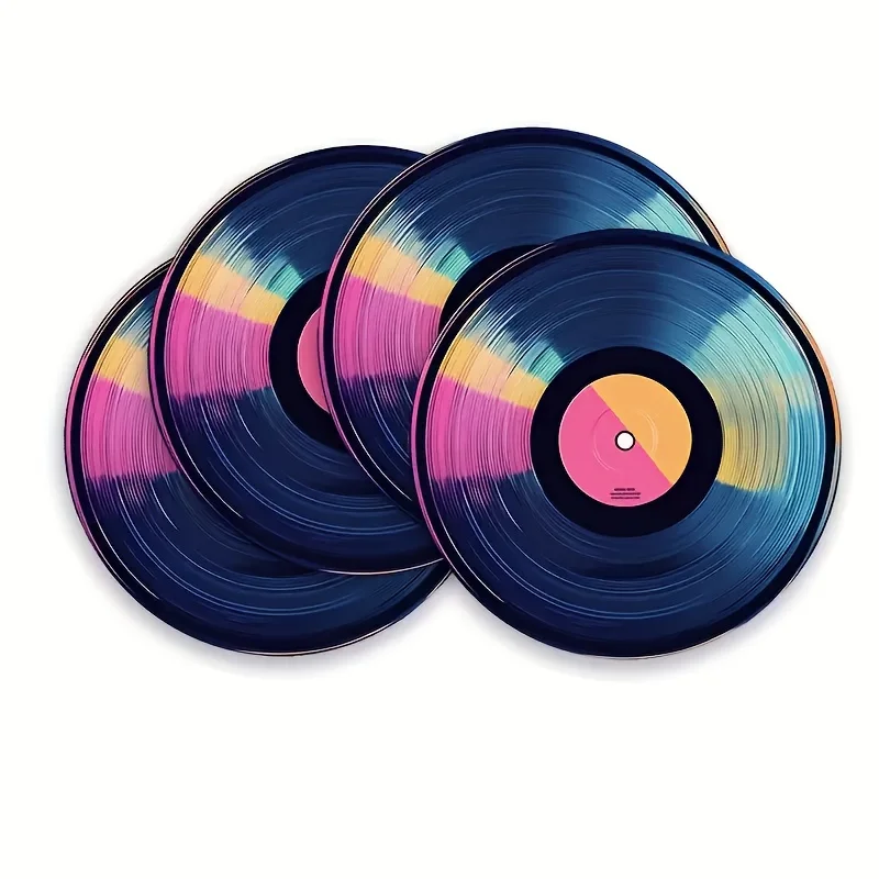 VIKAMA 4PC Vinyl Record Placemat Circular Heat-Resistant Mat Dining Table Theme Retro Party Decoration For Restaurants