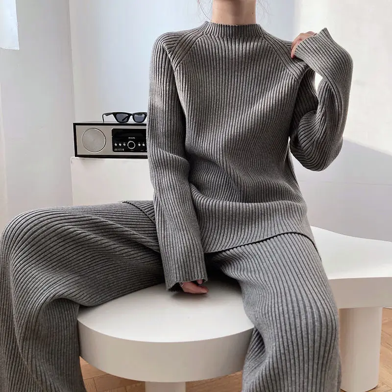 Korean pullover female stylish sweater set knitted wide -leg pants two -piece of sweater 2023 spring long sleeve o neck sweater