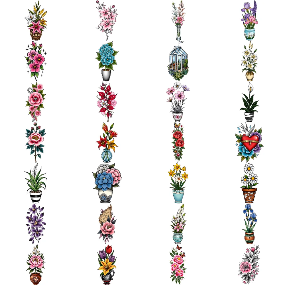 28pcs 임시 문신 백합 새로운 학교 전통 꽃꽂이 튤립 임시 문신 스티커 화분에 심은 식물