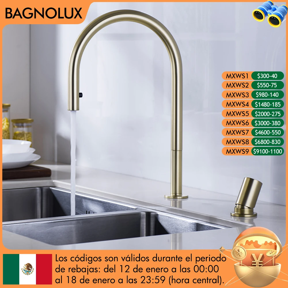 Матовый золотой кухонный кран, невидимый выдвижной спрей-смеситель с двойным отверстием, с одной ручкой, Твердый латунный кран для горячей и холодной раздельной раковины