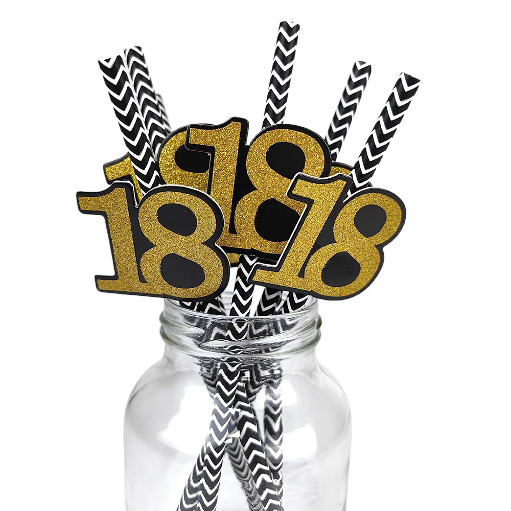 12/24/48/120pcs Black Golden Number 18 Straws Boys Girls 18th Birthday Party Tableware Drink Straws Graduation Decor Supplies