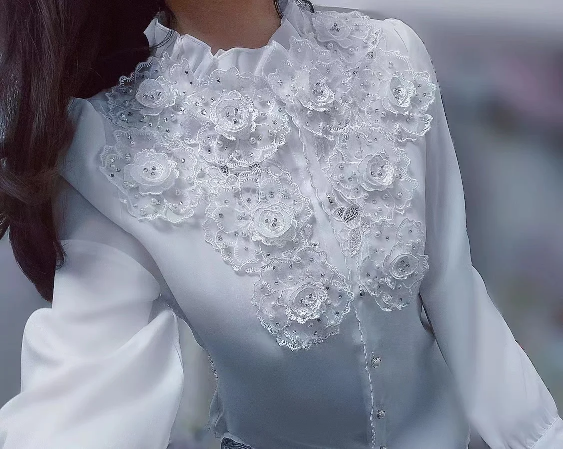 High Luxury Heavy Pearl Diamonds Flowers Stitch Blouse Shirt Women High-End Button Up 2024 Spring White Top Blusas