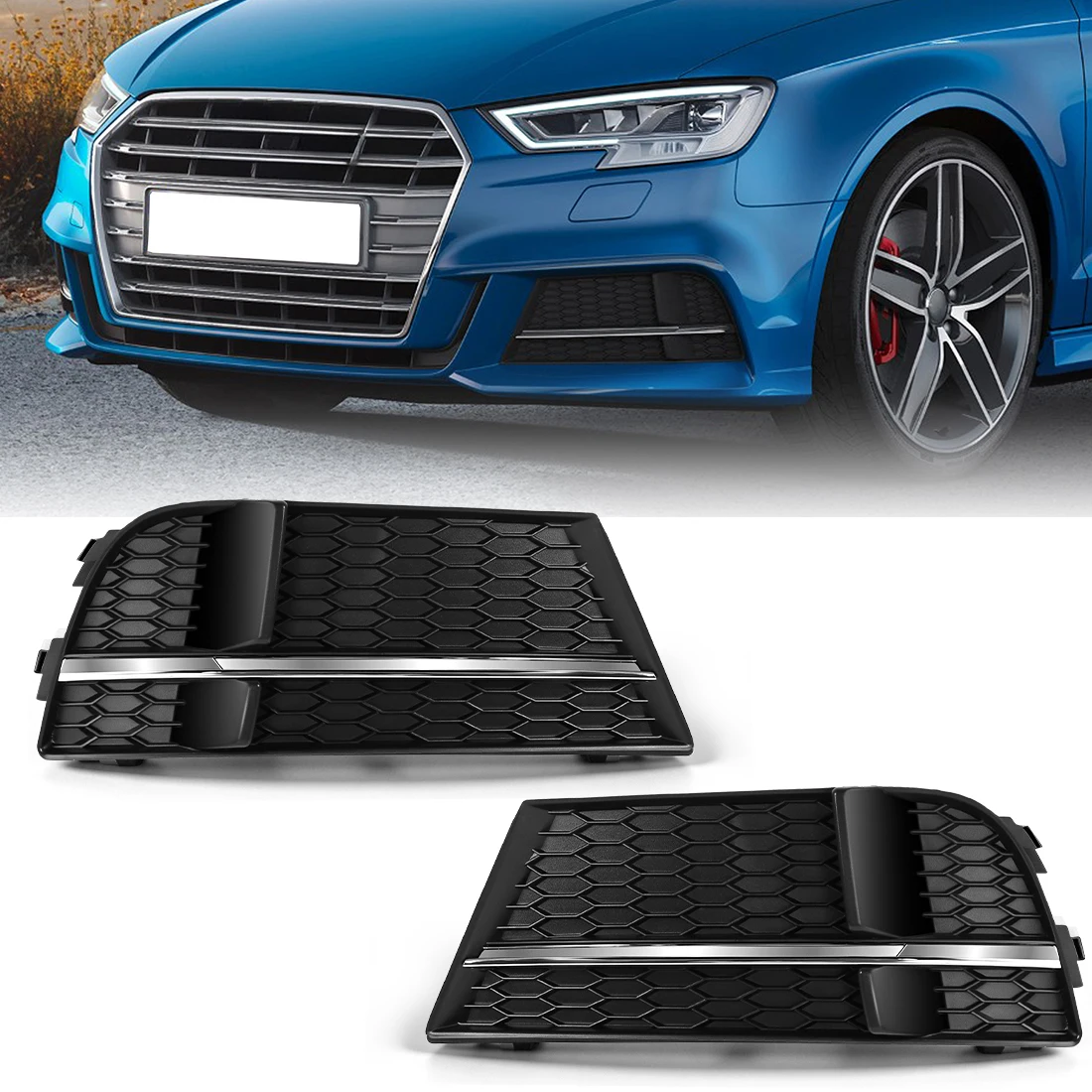 

Car Front Bumper Light Cover For Audi A3 S3 2017 2018 2019 2020 Fog Lamp Racing Grille Honeycomb Frame 8V3807681AB 8V3807682N