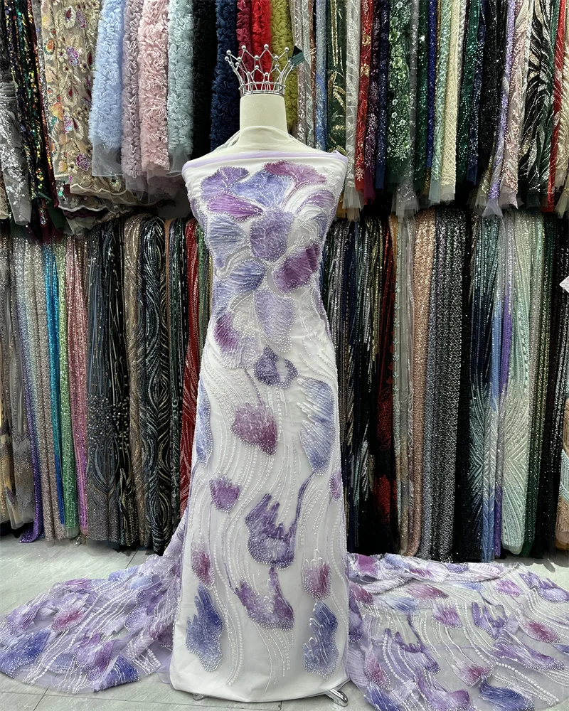 

African Heavy Beads Lace Fabric 2025 High Quality 5 Yards Nigerian Sequins French Tulle Fabric Material for Wedding Party