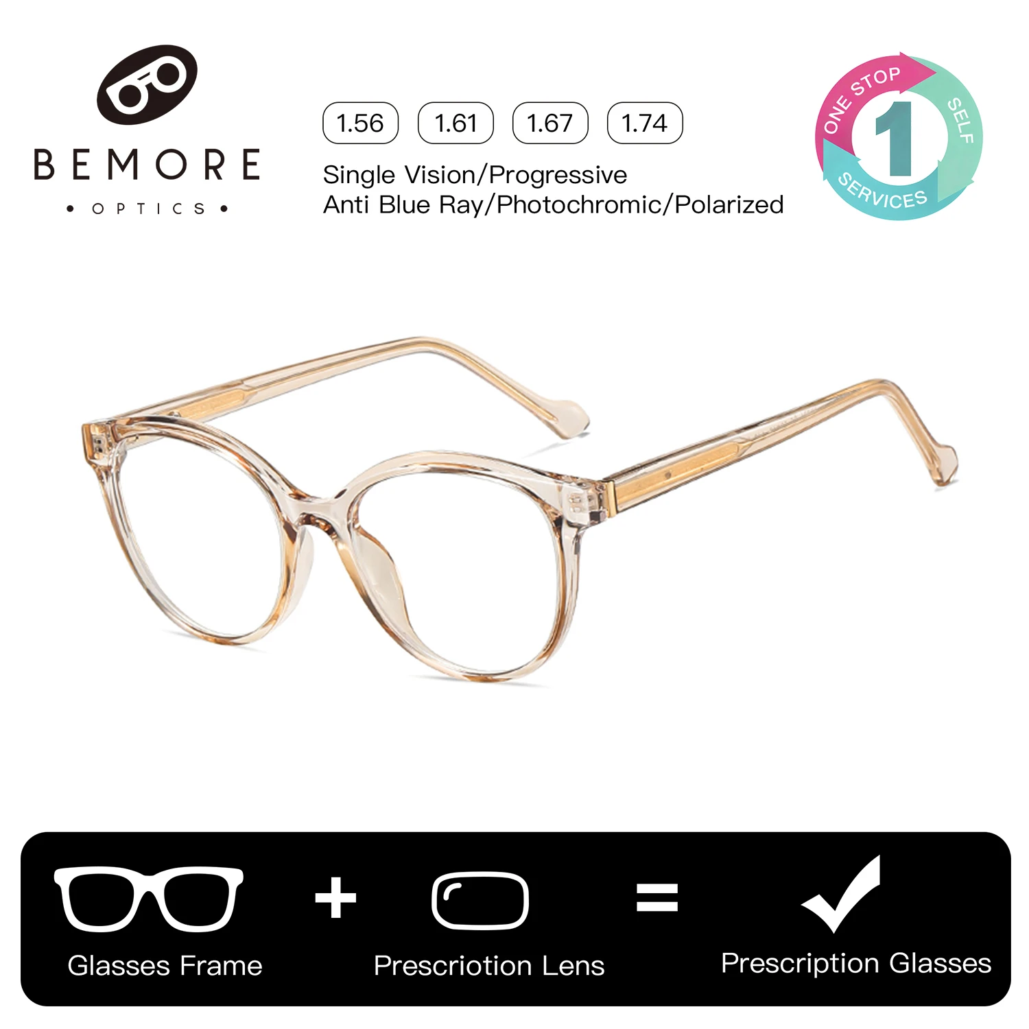 

BEMORE Retro Round Progressive Prescription Eyeglasses Women Handmade Acetate Photochromic Optical Glasses