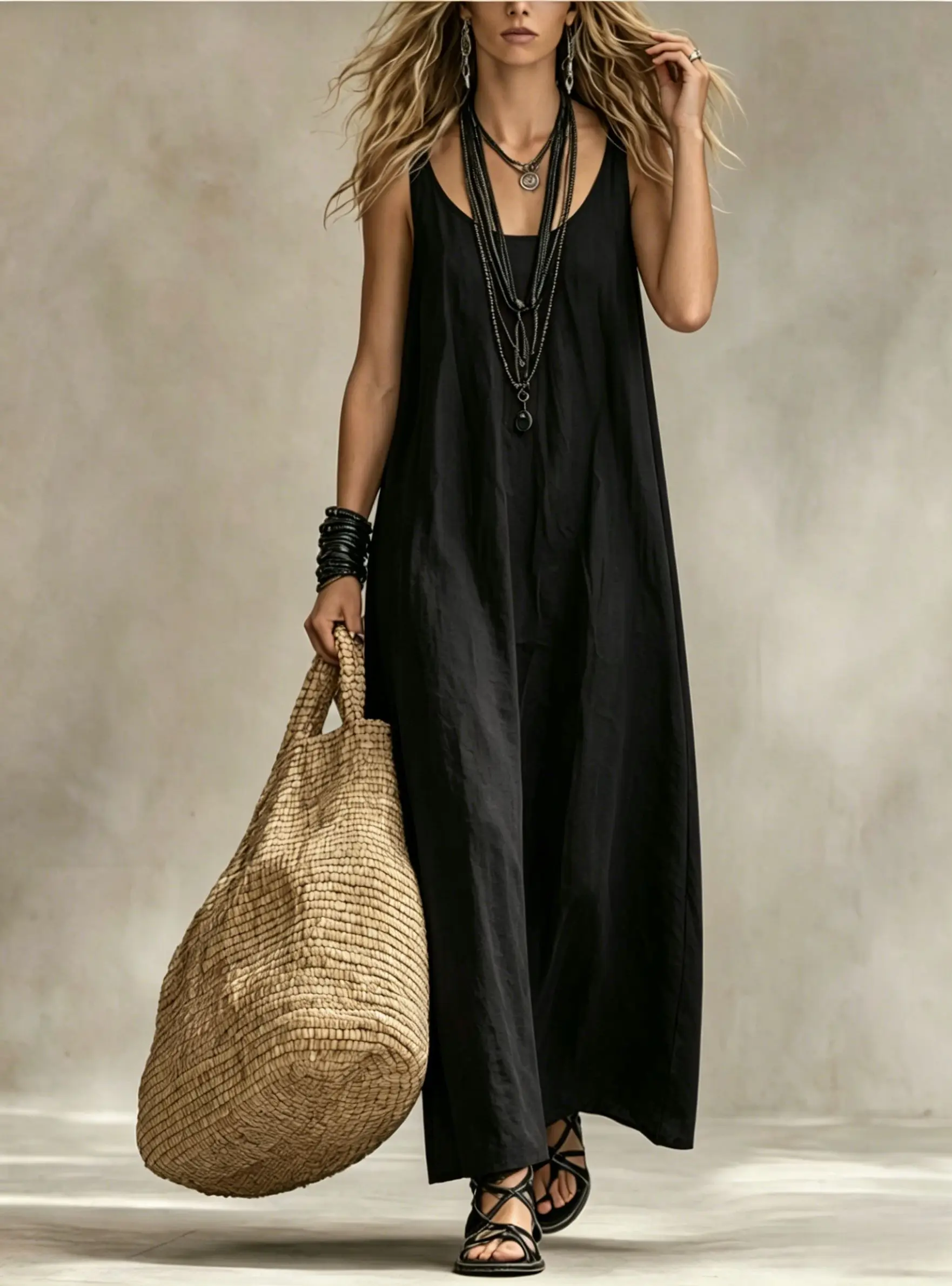 Damen Fließendes Ärmelloses Langes Kleid Lässiger U-Ausschnitt Locker Sitzendes Maxikleid Vielseitiges Sommer-Urlaubs-Party-Pendler-Outfit – Detail 8
