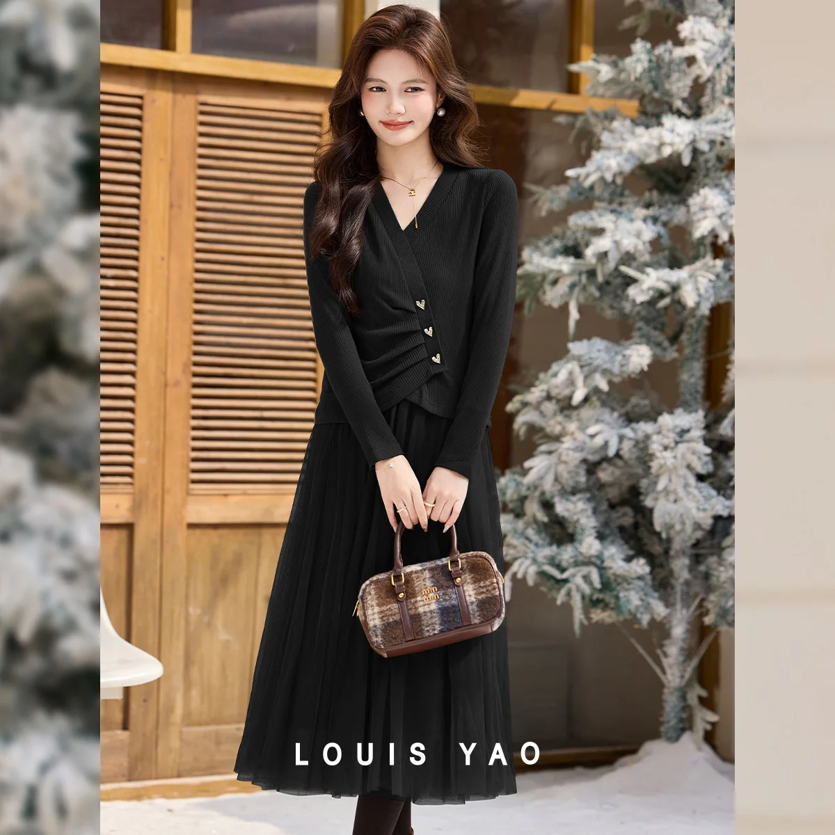 LOUIS YAO Knit Top & Mesh Cami Dress Two-Piece Set 2026 Autumn/Winter Stylish V-Neck Ruched Slightly Stretchy Women's Outfit