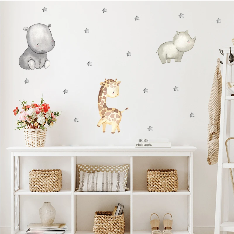 Watercolor Cartoon Cute Animals Wall Stickers For Kids Rooms Hippo Rhino Giraffe Wallpaper Decoration children's Bedroom Nursery