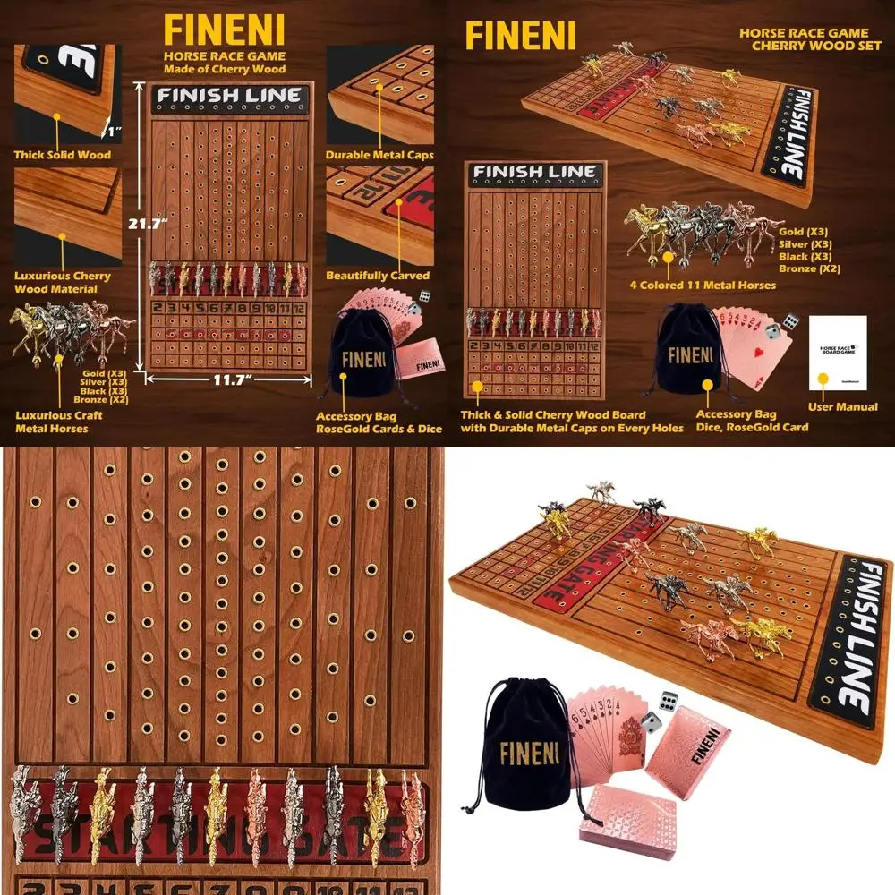 

Elegant Adult Horse Racing Board Game: 11 Metal Horses, 22” Cherry Wood Board, Dice & Card