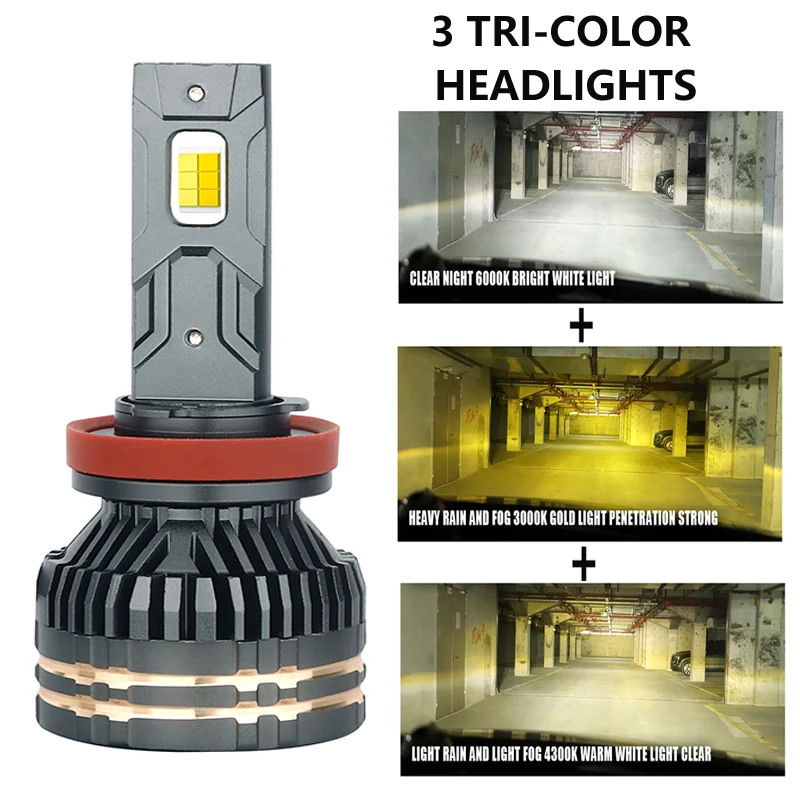 

2pcs Three-color LED Headlight Bulb Headlamp H7 H4 H1 H3 9003 HB2 H11 H8 H9 9006/HB4 9005/HB3 Car Fog Lamp 12V 3000K+4300K+6000K