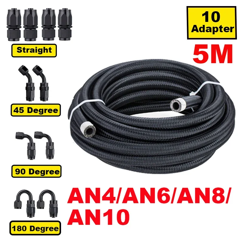 16FT 5M AN4 AN6 AN8 AN10 Stainless Braided Nylon CPE Oil Fuel Fittings Hose End 0+45+90+180 Degree Oil Adaptor Kit Oil Fuel Hose