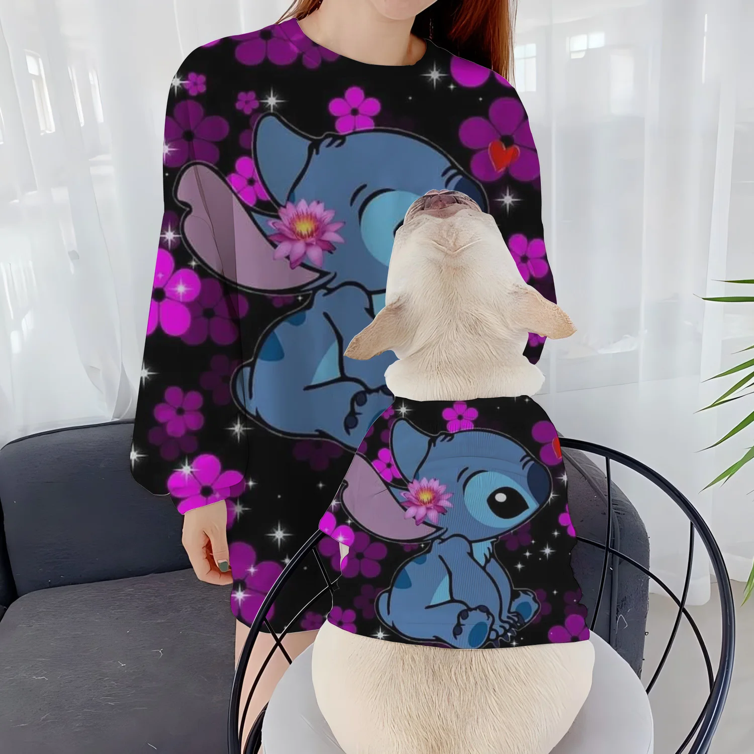 Casual Sweatshirts Autumn Clothes Disney Women's Stitch Clothing Parent-Child Fall 2024 Winter Puppy Long Sleeve Pet Round Neck