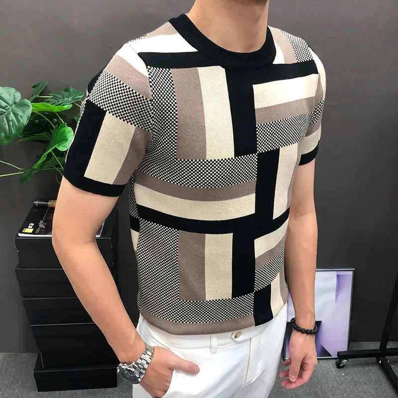 High Quality Geometry Short Sleeve T-shirt 2023 Korean Slim Bottomed Shirt  Steampunk Letter Print Knitted Sweater Tshirt Male