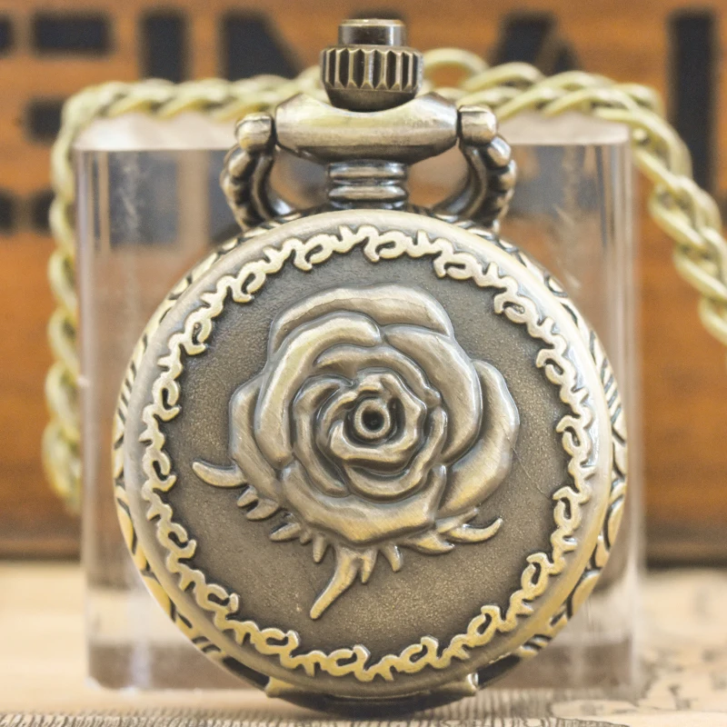 Small, Retro Bronze Steampunk Rose-Carved Small Quartz Pocket Watch Necklace Pendant Clock Chain Men's And Women's Chain Gift