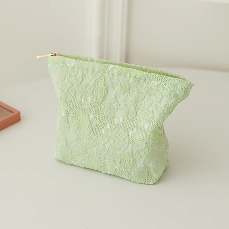 DJDF Fresh Green Women\'s Small Makeup Bag Canvas Zipper Portable Sanitary Napkin Storage Bag Carry-on Card Holder Coin Purse Ins