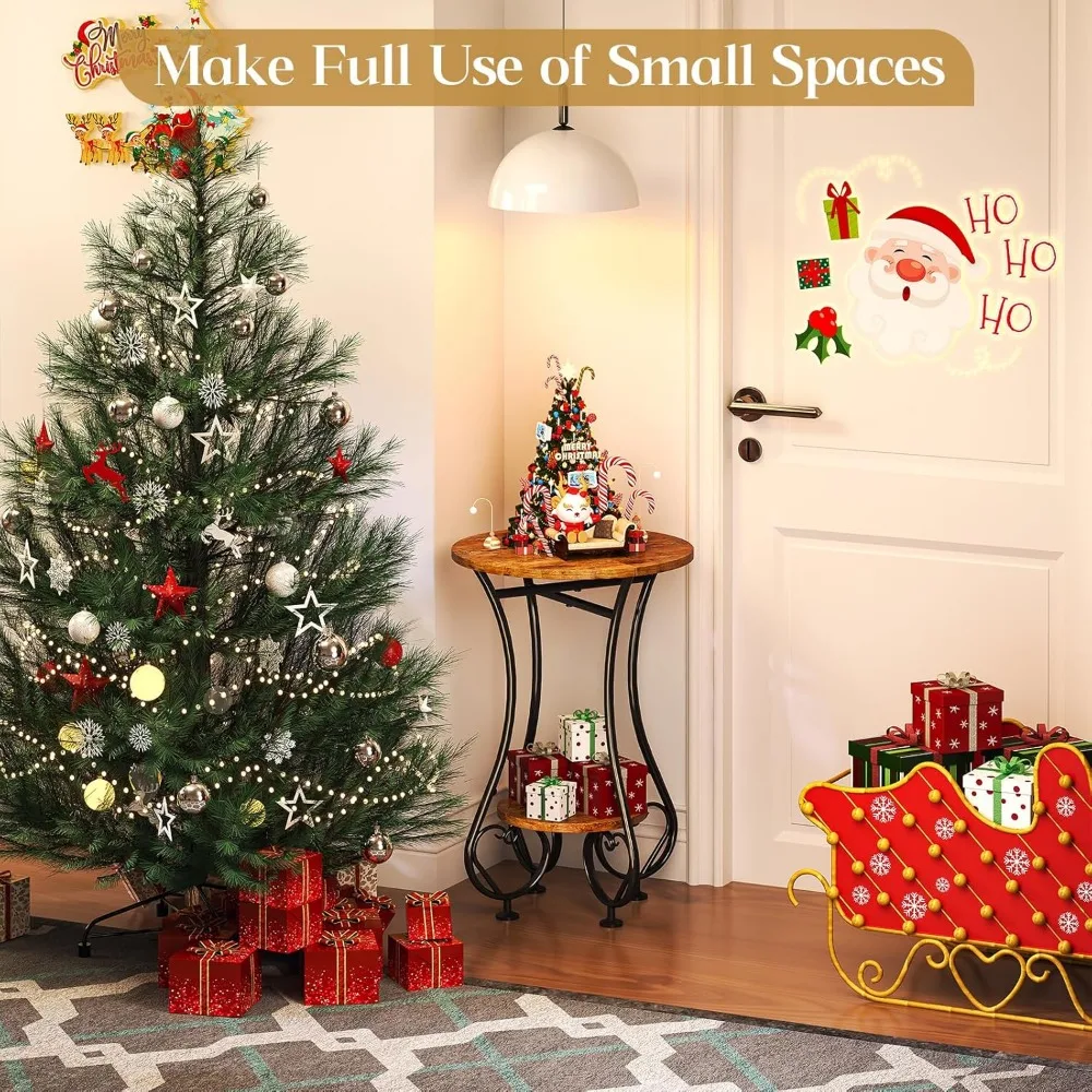 コンパクトな丸型サイドテーブル、下部棚付き、リビングルーム、ベッドルーム、バルコニー用の金属フレーム