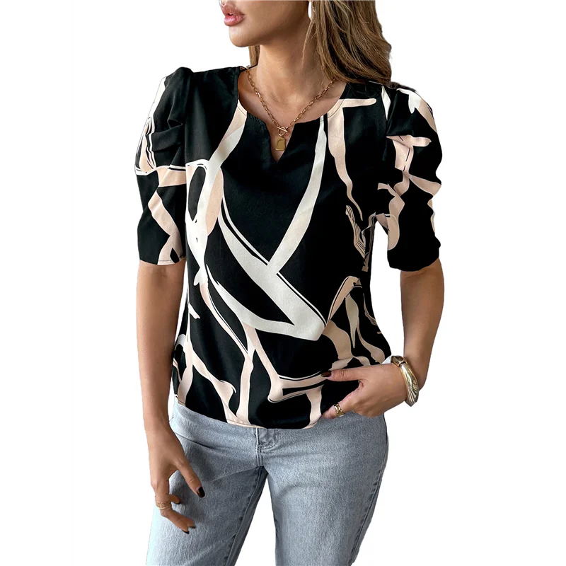 

A83F-Women Printed Peplum Top For Women's Flutter Sleeves Elastic V Neck Blouse