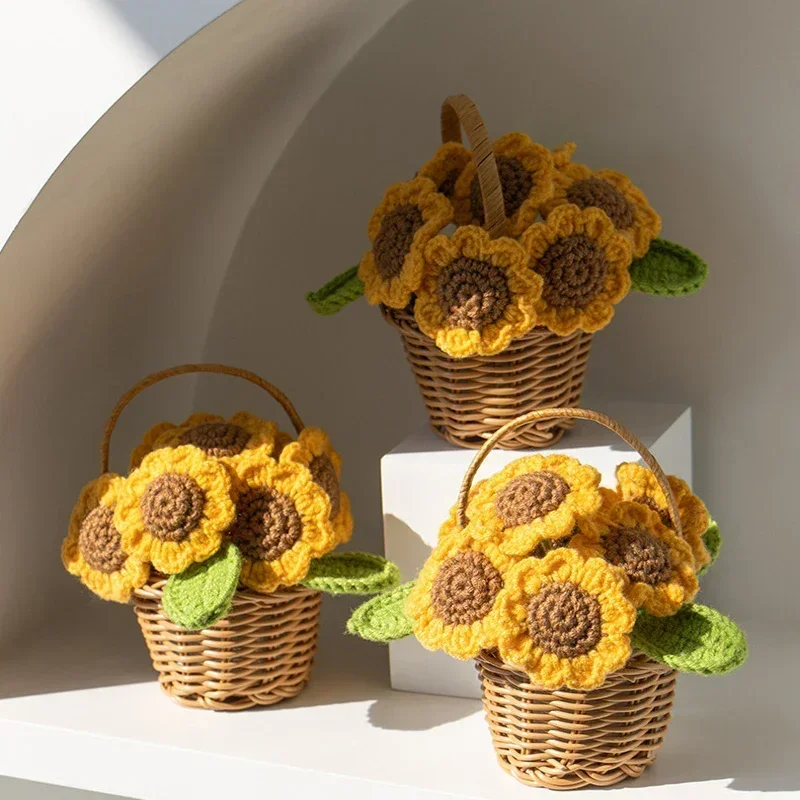 Crochet Sunflower Cute Finished Woven Flowers Potted Hand-knitted Sunflowers Table Home Decor Wedding Ornament friends Gift