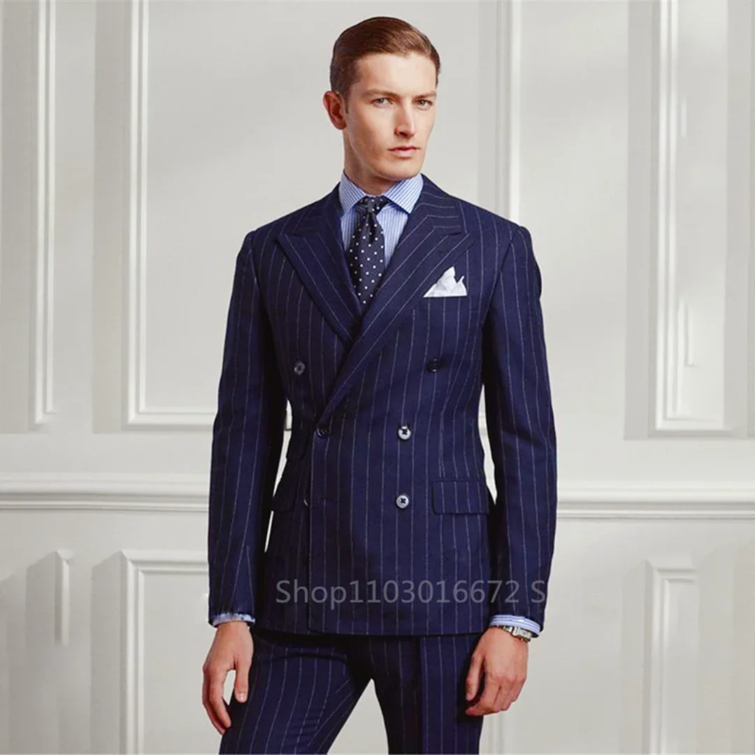 2 Piece Business Set (Jacket+Pants) Navy Blue Striped Men Suits Slim Fit Peak Lapel Double Breasted Blazer Wedding Groom Tuxedos