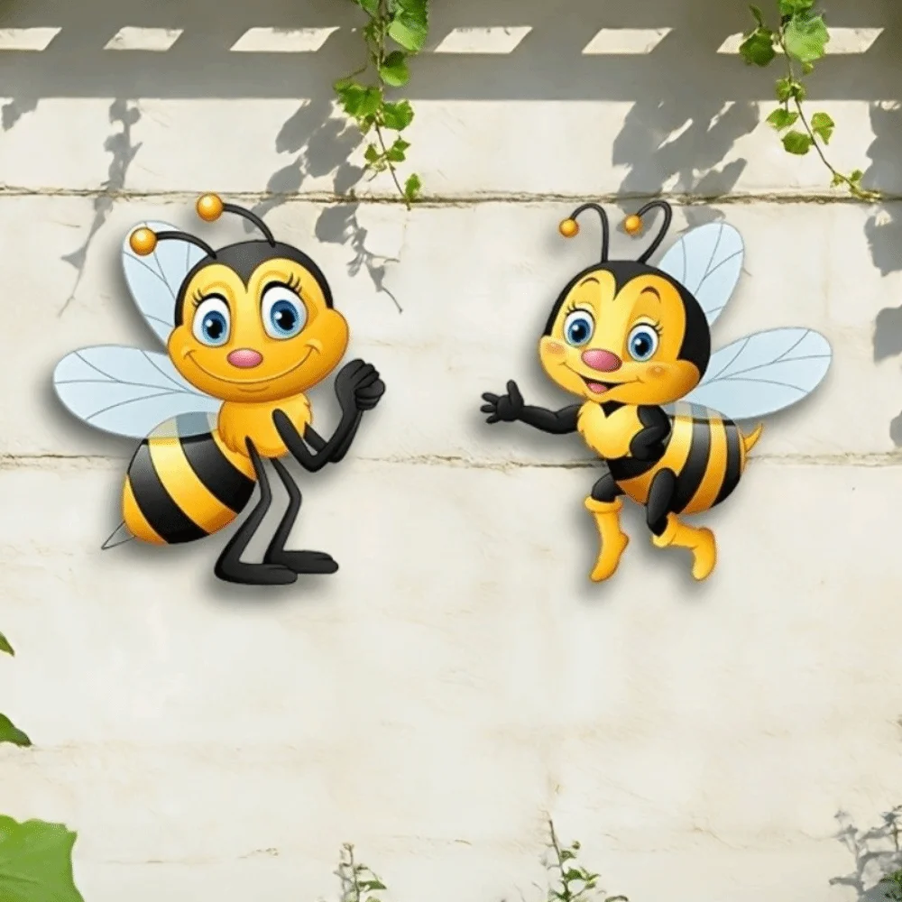 2Pcs 2D Flat Acrylic Cartoon Bee Wall Decor Sun Resistant Waterproof Garden Bee Hanging Plaque Bee Themed Anti-Fade