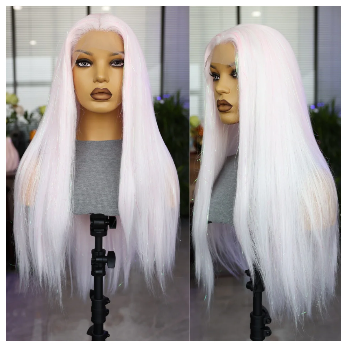 Pink Sequined Lace Front Synthetic Wig Eye-catching 28 Inch Straight Shiny Pink Wig For Cosplay Women Wig Natural Hair